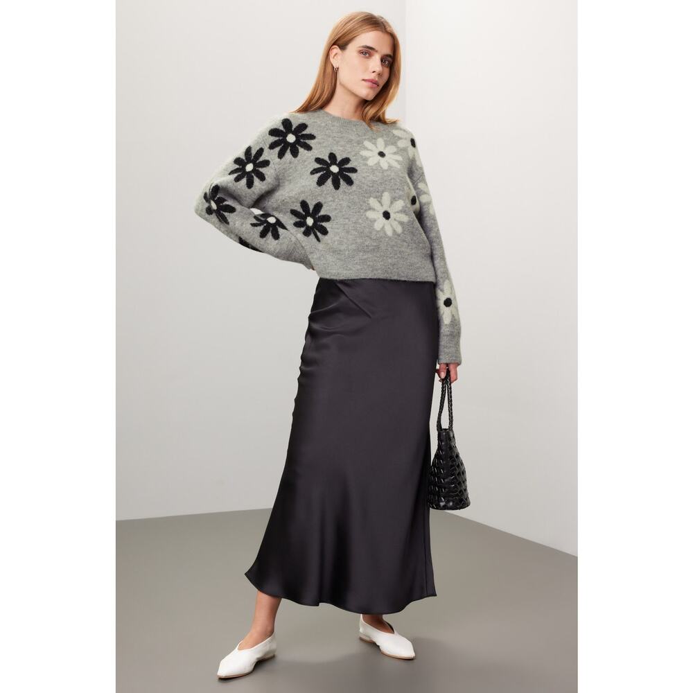 Sandro Gray Floral Knit Wool Alpaca Crewneck Long Sleeve Sweater Size Small